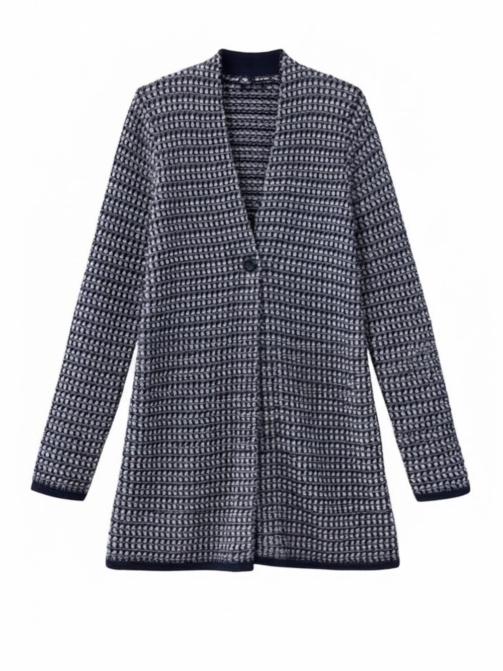J. Jill Navy & White Textured Long Cardigan Cotton Blend One Button Size Large
